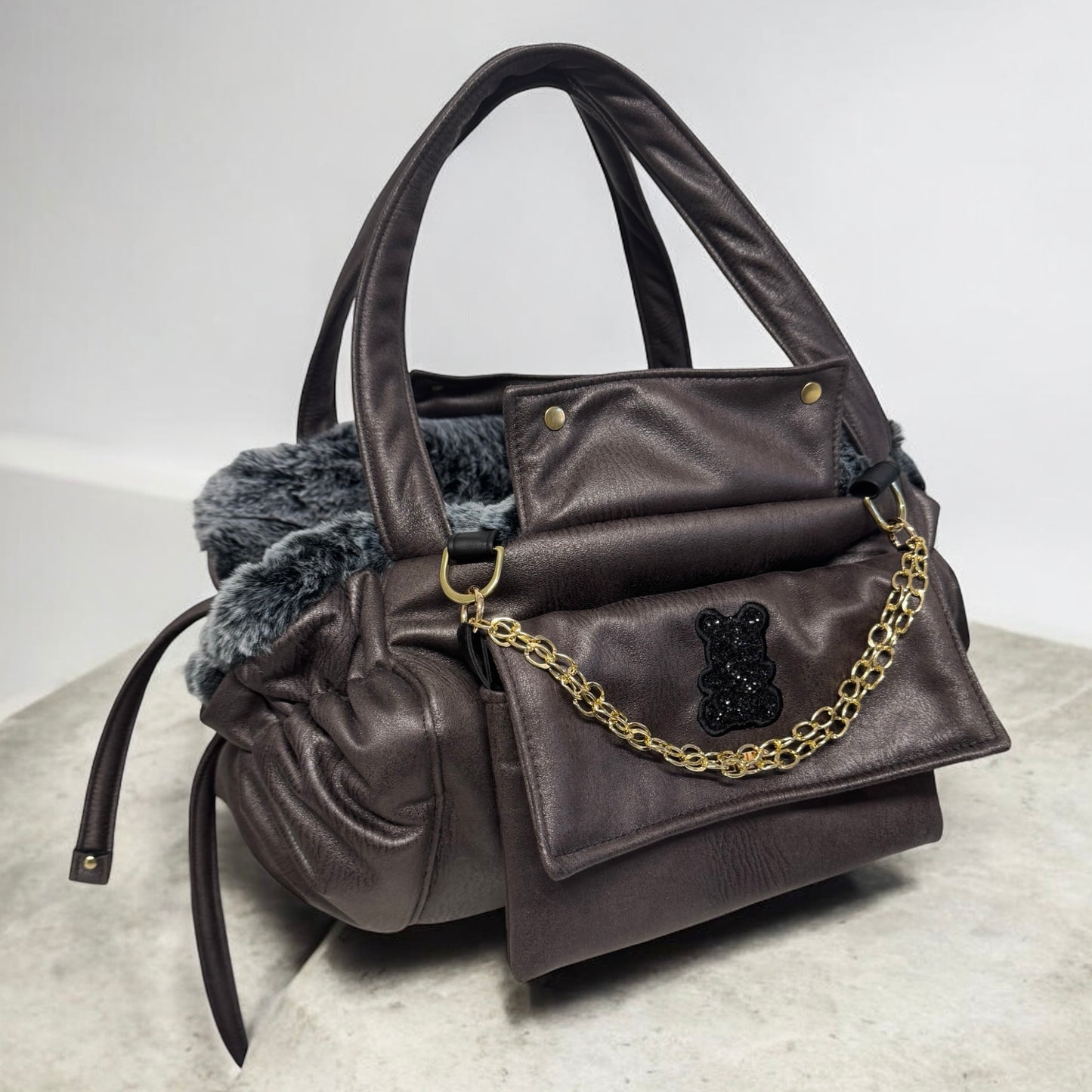 Stella dog carrier bag in quilted beige velvet