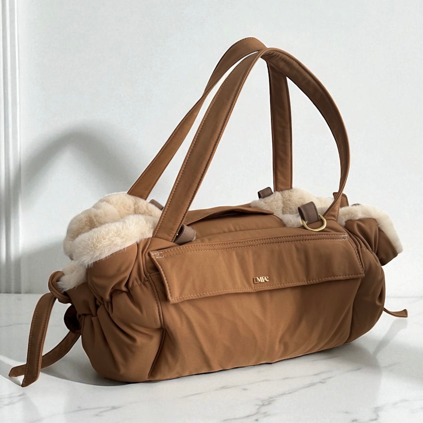 Stella dog carrier bag in quilted beige velvet