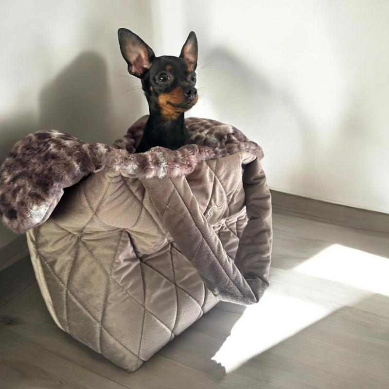 Sac pour chien Stacy en velours taupe et fourrure léopard