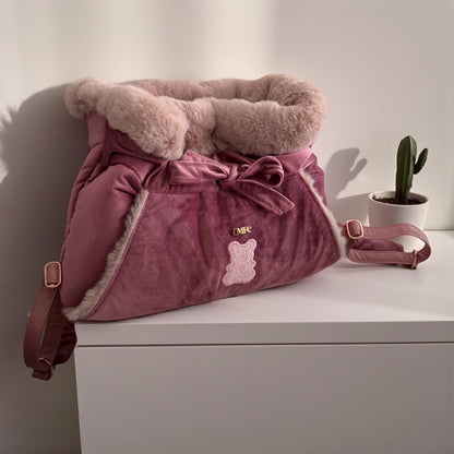 Sac de transport pour chien ventral en velours rose