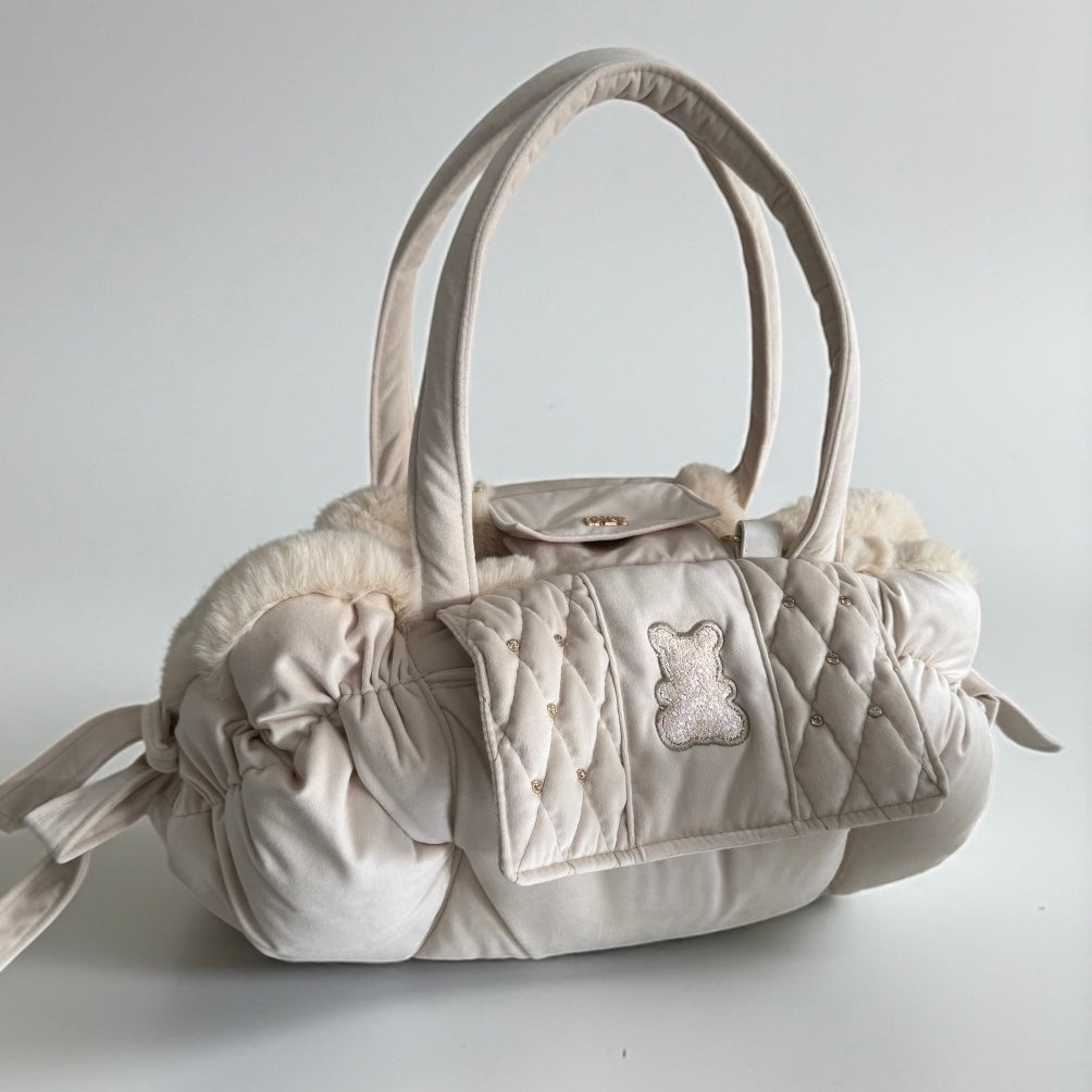 Stella dog carrier bag in quilted beige velvet