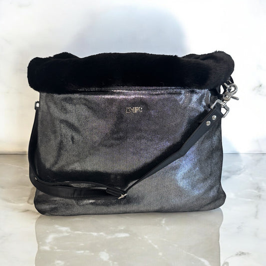 Sac de transport pour chien bandoulière en velours de veau noir pailleté