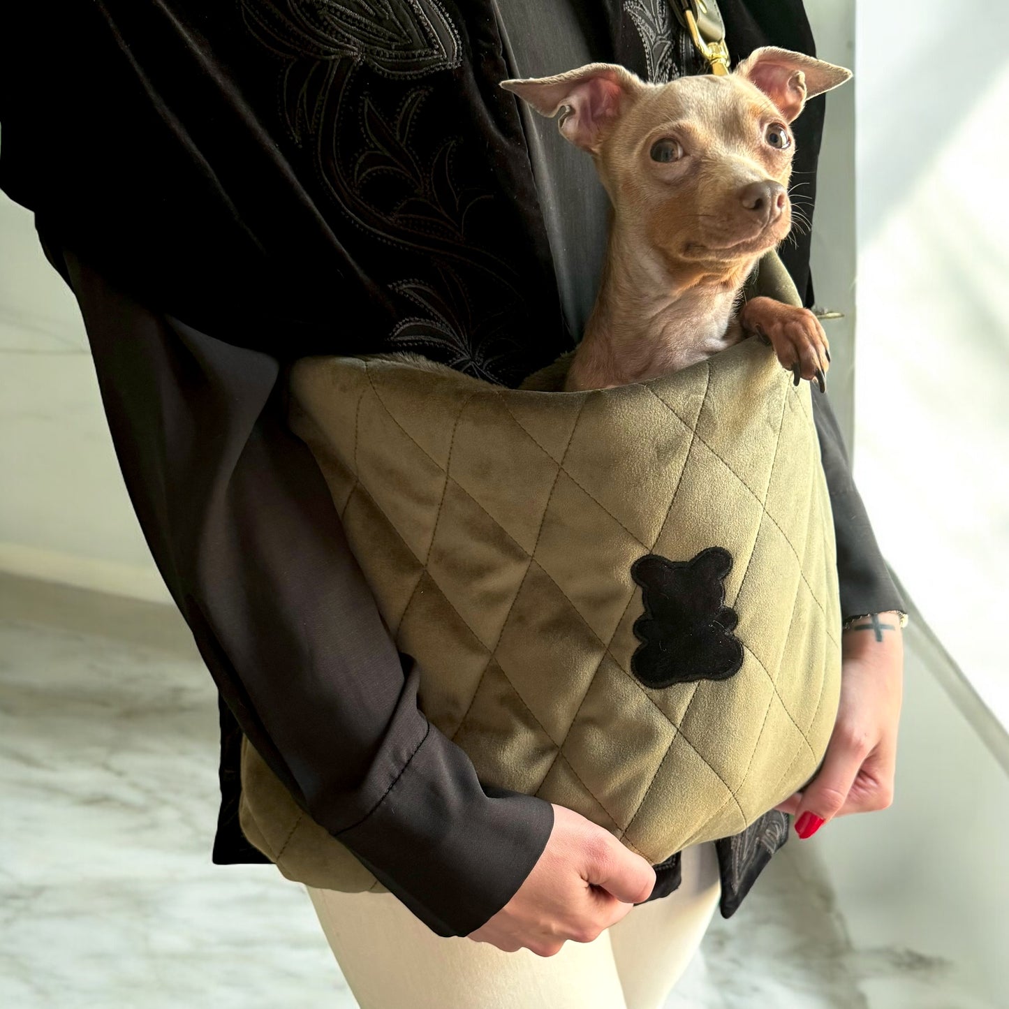 Beige quilted velvet dog carrier bag