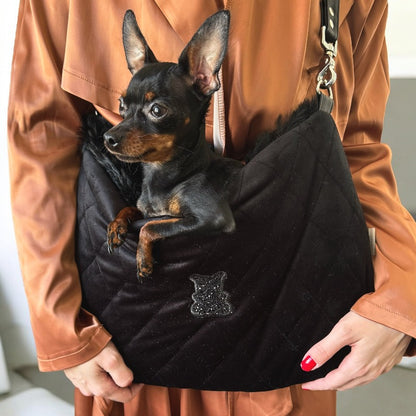 Sac bandoulière pour petit chien en velours noir - Main Image