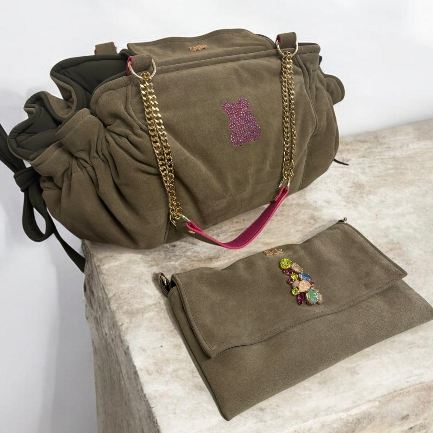 Sac de transport pour chien Stella en cuir nubuck kaki